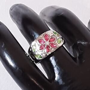 Colorful Band Ring Floral Encrusted Marquise Stones On Silver Tone Setting